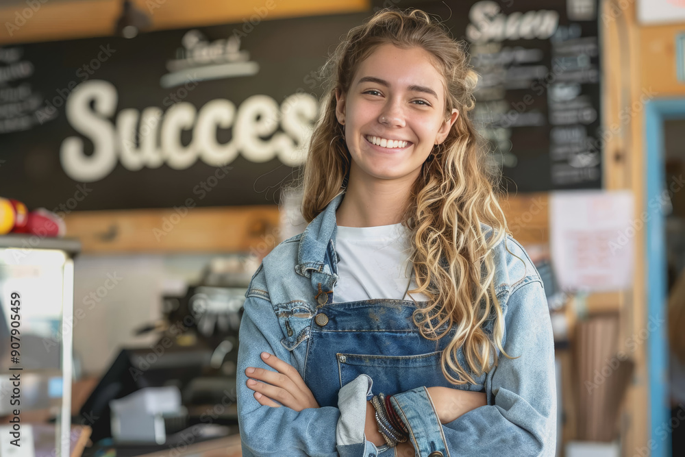 A person stands confidently in front of a business sign with the word A person stands confidently in front of a business sign with the word