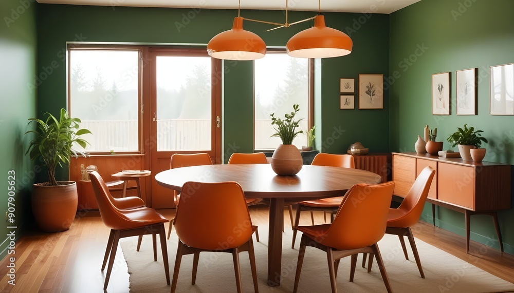 Orange leather chairs are arranged at a round dining table against a green wall, reflecting Scandinavian and mid-century home interior design of the modern living room Orange leather chairs are arranged at a round dining table against a green wall, reflecting Scandinavian and mid-century home interior design of the modern living room
