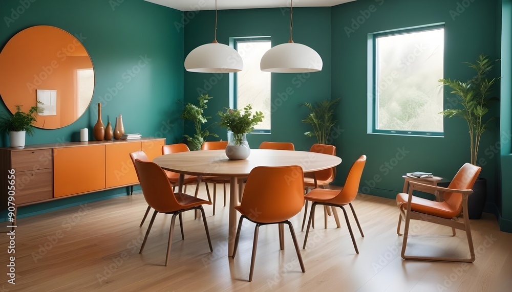Orange leather chairs are arranged at a round dining table against a green wall, reflecting Scandinavian and mid-century home interior design of the modern living room Orange leather chairs are arranged at a round dining table against a green wall, reflecting Scandinavian and mid-century home interior design of the modern living room