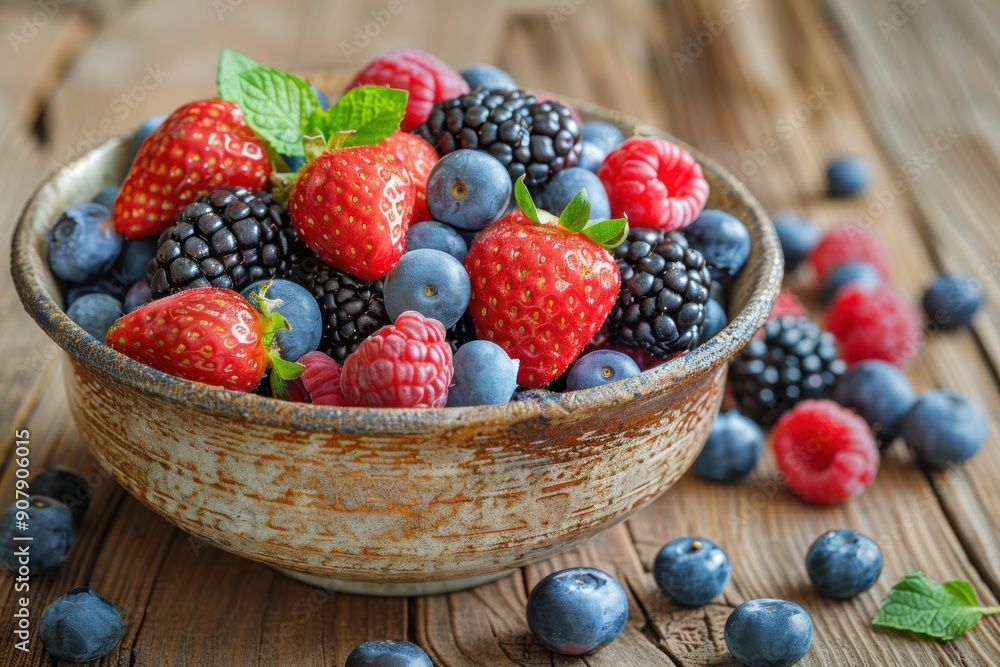 A rustic bowl filled with fresh mixed berries, including strawberries, blueberries, blackberries, and raspberries. A rustic bowl filled with fresh mixed berries, including strawberries, blueberries, blackberries, and raspberries.