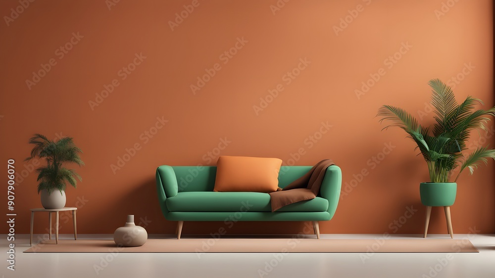 Mid-Century Modern Serenity: A minimalist living room bathed in warm light, featuring a velvet green sofa and terracotta walls, epitomizing retro-chic interior design. Mid-Century Modern Serenity: A minimalist living room bathed in warm light, featuring a velvet green sofa and terracotta walls, epitomizing retro-chic interior design.