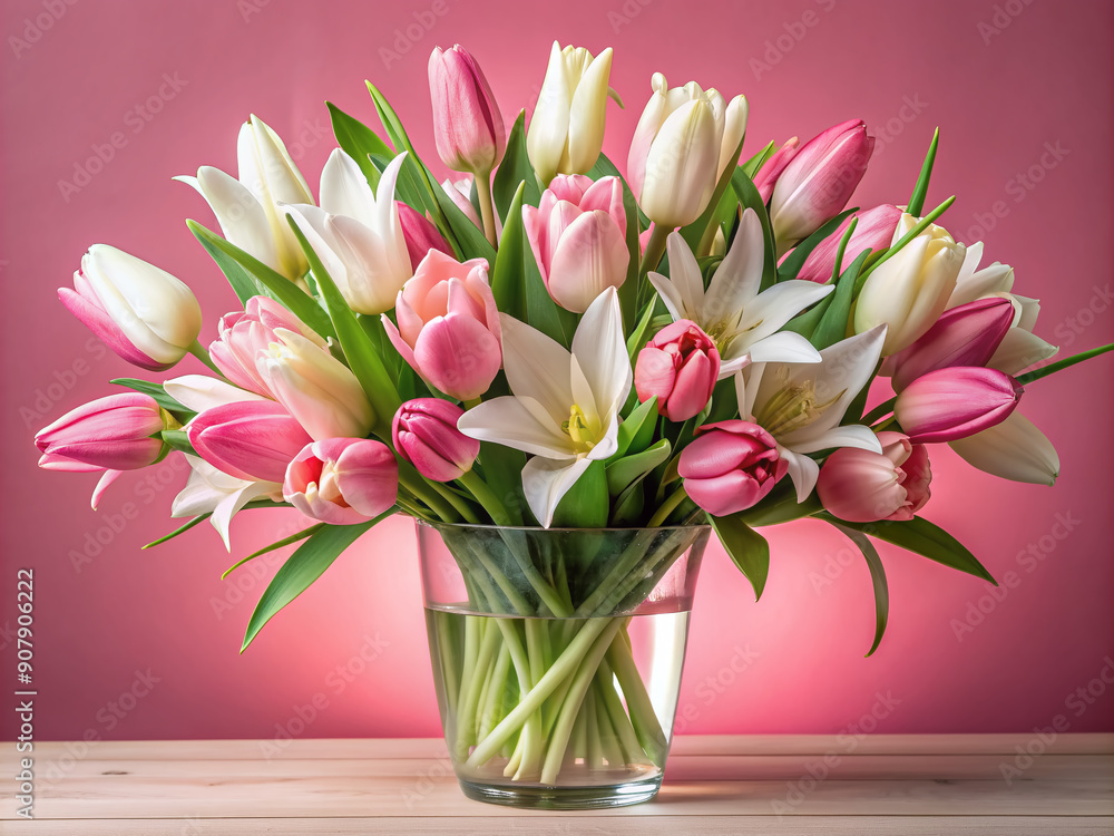Obraz premium Delicate pink tulips and pure white lilies arrangement in a clear vase on a soft rose-colored background, exuding elegance and perfect for Mother's Day celebration.