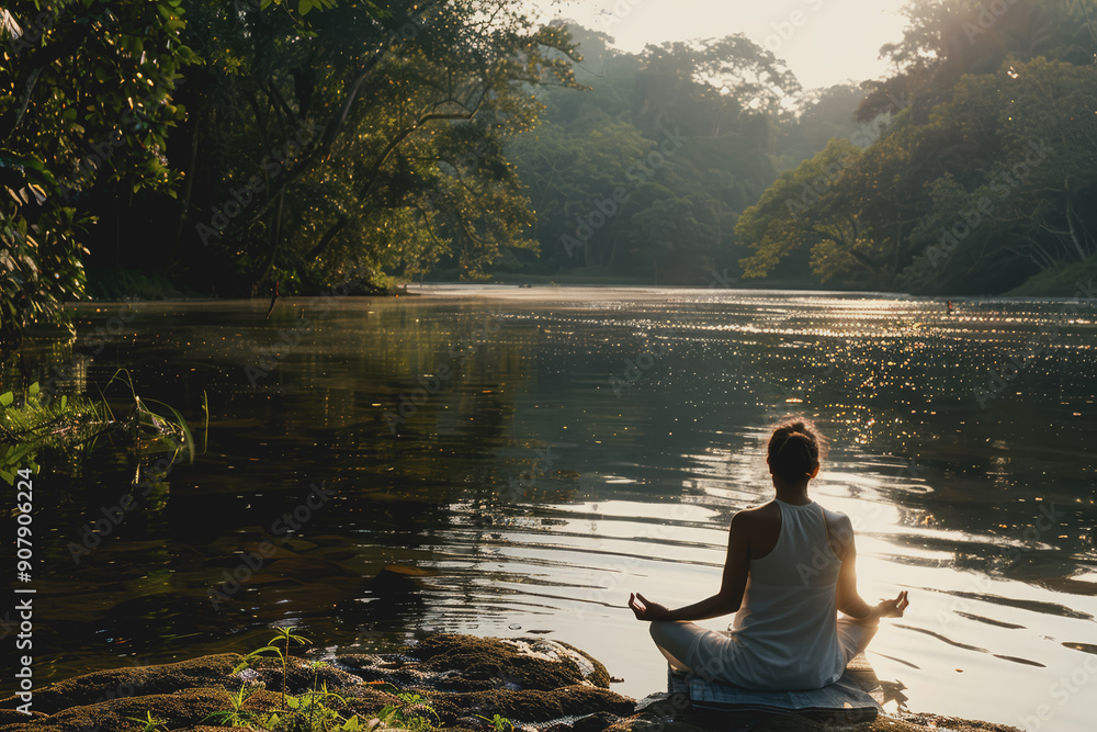 A serene yoga practitioner meditating in a tranquil natural setting, copy space, High quality, A serene yoga practitioner meditating in a tranquil natural setting, copy space, High quality,