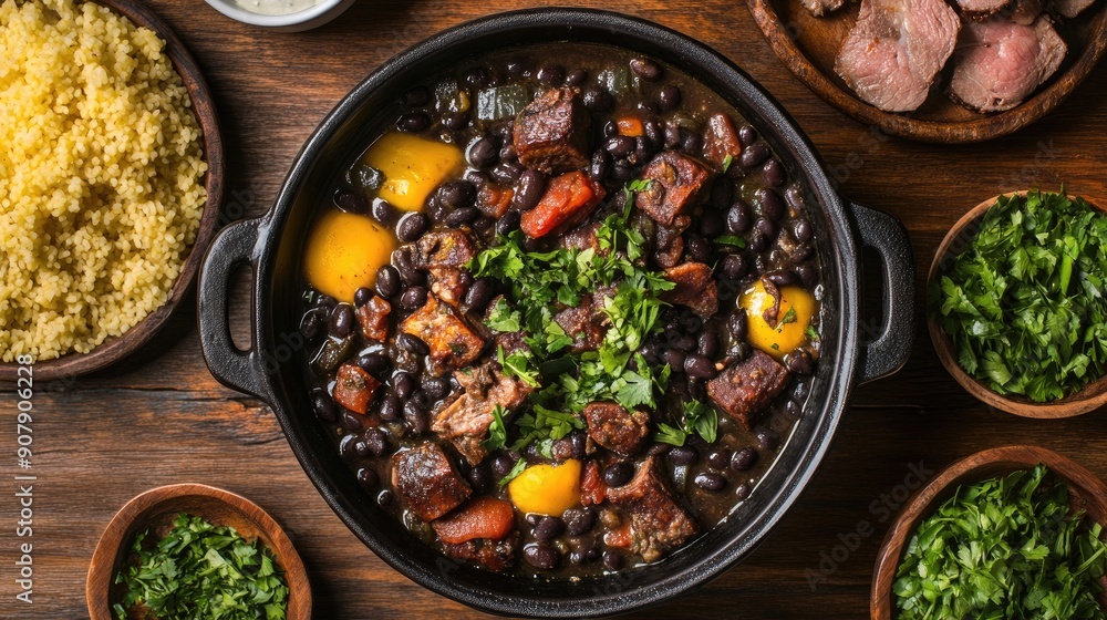 Top view of a Brazilian feijoada, a hearty black bean stew with various meats and accompaniments. Top view of a Brazilian feijoada, a hearty black bean stew with various meats and accompaniments.