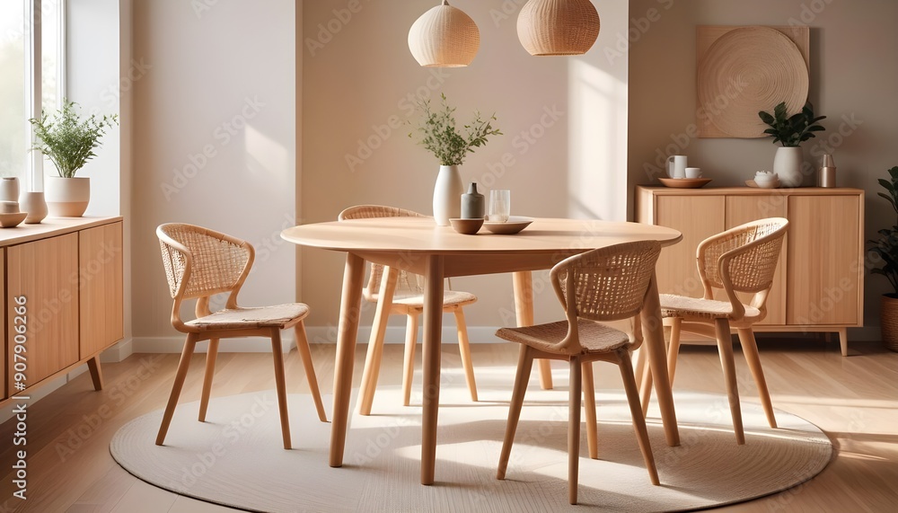 A natural wood round dining table and chairs are placed on a wicker rug in the dining room, accompanied by a wooden cabinet of a Scandinavian style home interior design of the modern living room A natural wood round dining table and chairs are placed on a wicker rug in the dining room, accompanied by a wooden cabinet of a Scandinavian style home interior design of the modern living room