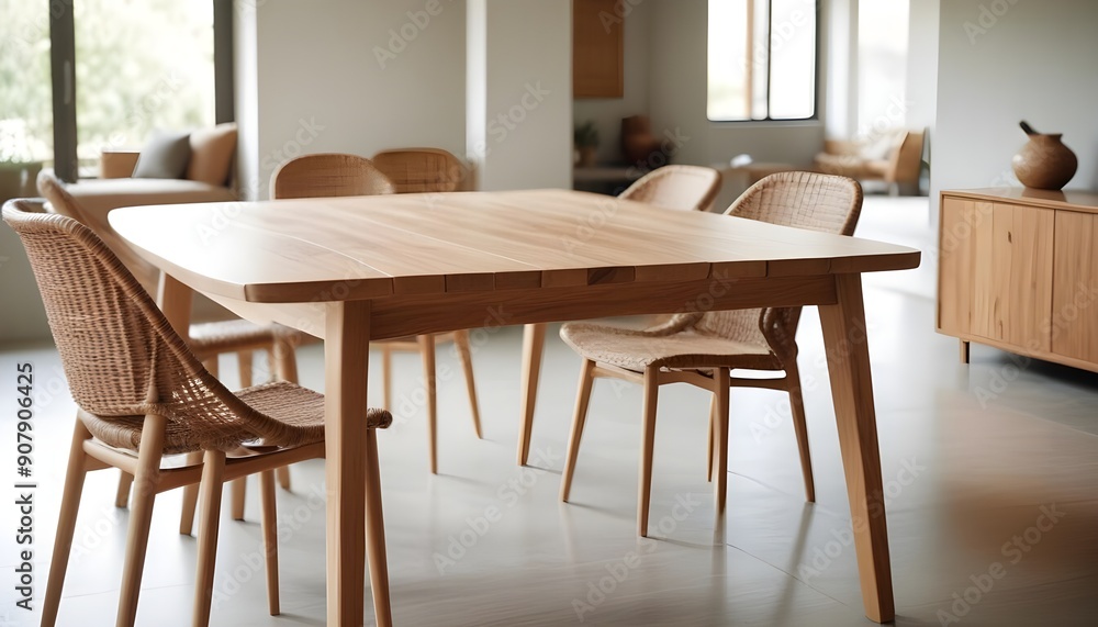 A natural wooden slab dining table is complemented by a wicker chair in the interior design of the modern living or dining room A natural wooden slab dining table is complemented by a wicker chair in the interior design of the modern living or dining room