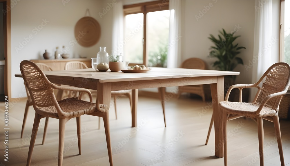 A natural wooden slab dining table is complemented by a wicker chair in the interior design of the modern living or dining room A natural wooden slab dining table is complemented by a wicker chair in the interior design of the modern living or dining room