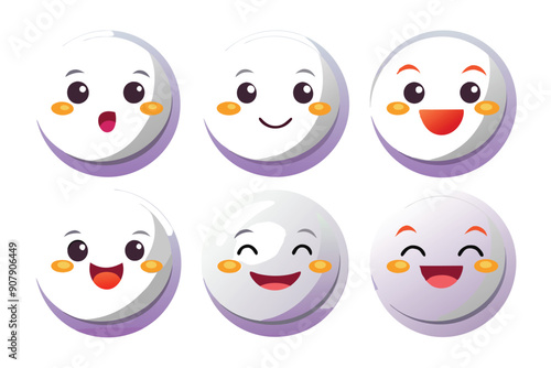 Six White Round Faces with Different Expressions