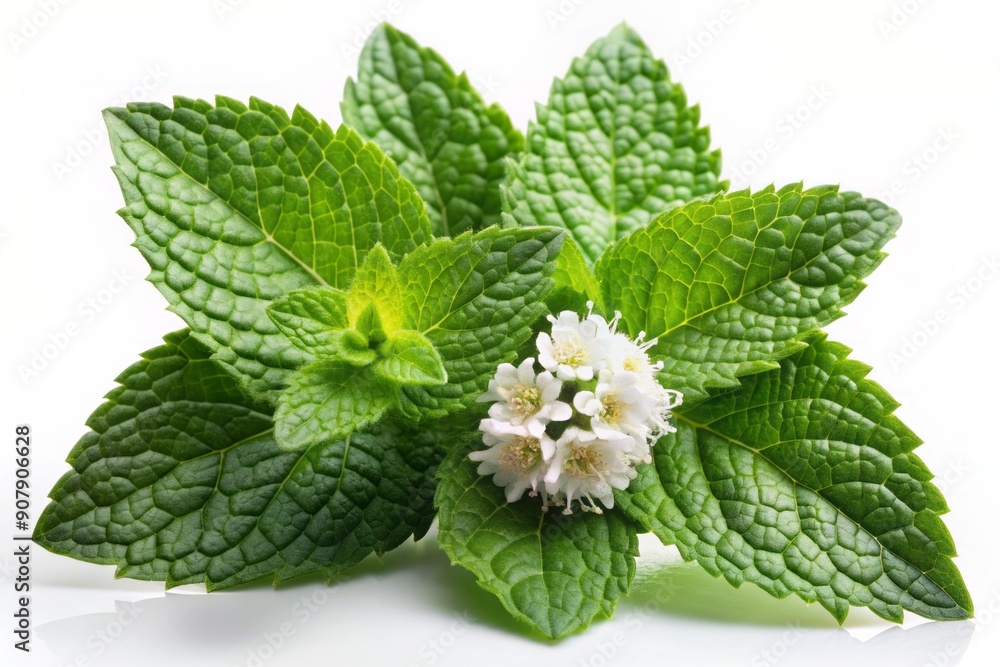 Fresh green peppermint leaves with delicate white flowers isolated on a transparent background, highlighting its herbal medicine properties and calming essence. Fresh green peppermint leaves with delicate white flowers isolated on a transparent background, highlighting its herbal medicine properties and calming essence.