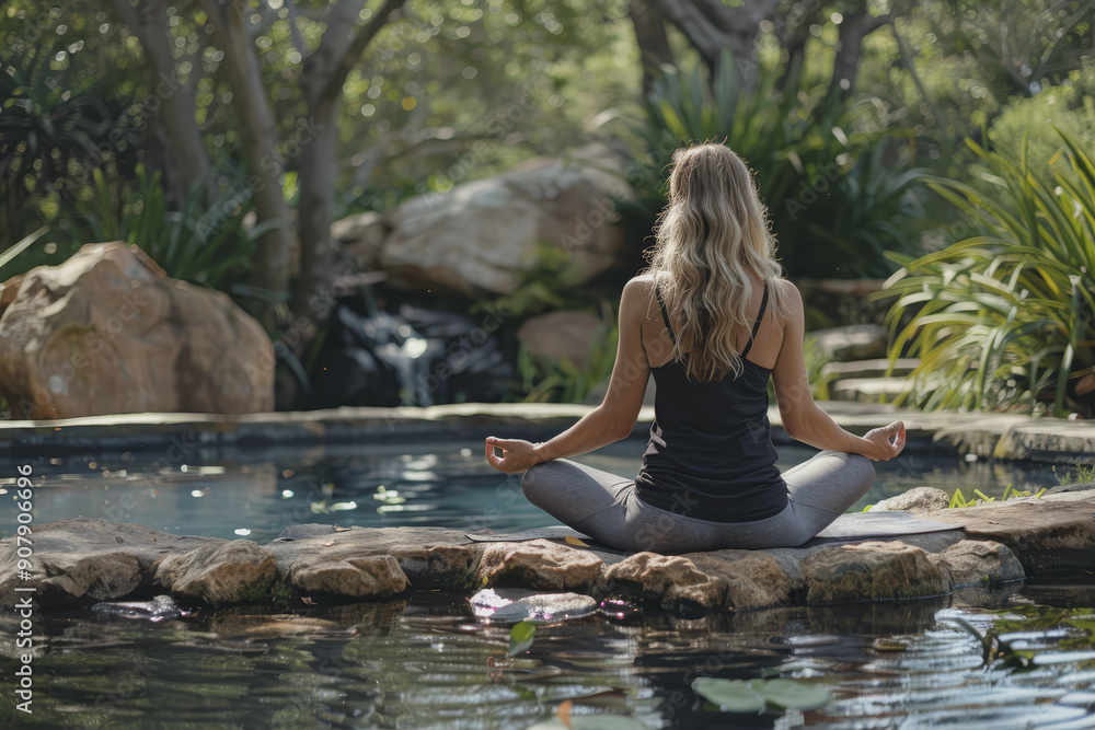 A serene yoga practitioner meditating in a tranquil natural setting, copy space, High quality, A serene yoga practitioner meditating in a tranquil natural setting, copy space, High quality,