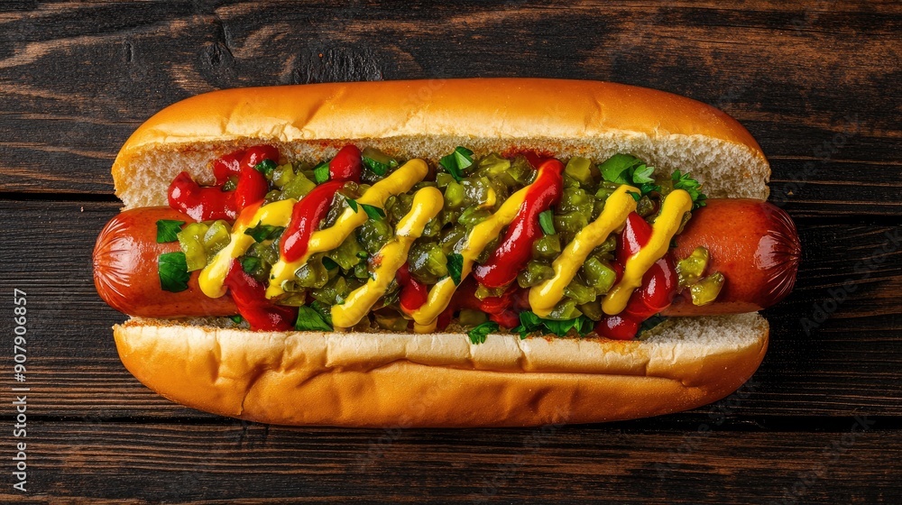 Top view of a classic American hot dog with mustard, ketchup, and relish, with room for text. Top view of a classic American hot dog with mustard, ketchup, and relish, with room for text.