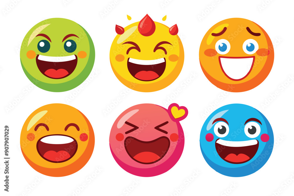 Six Colorful Emojis with Open Mouths and Various Facial Expressions Six Colorful Emojis with Open Mouths and Various Facial Expressions
