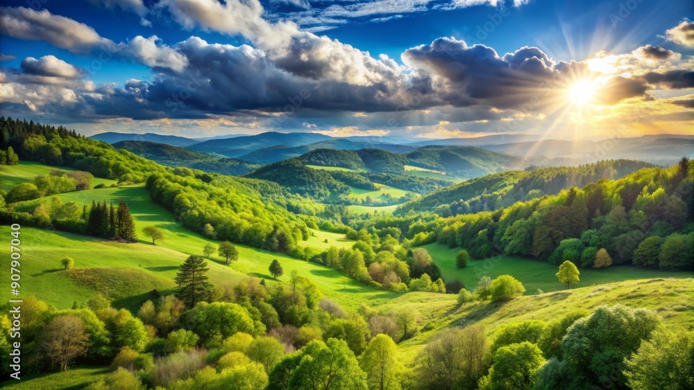 Fototapeta premium Serene summer landscape featuring lush vibrant green forests, clear blue sky with fluffy white clouds, and majestic rolling hills under warm sunlight.