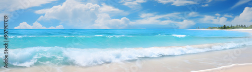 Ocean wave breaking on a white sandy beach under a clear blue sky with puffy white clouds. © Halfjoy