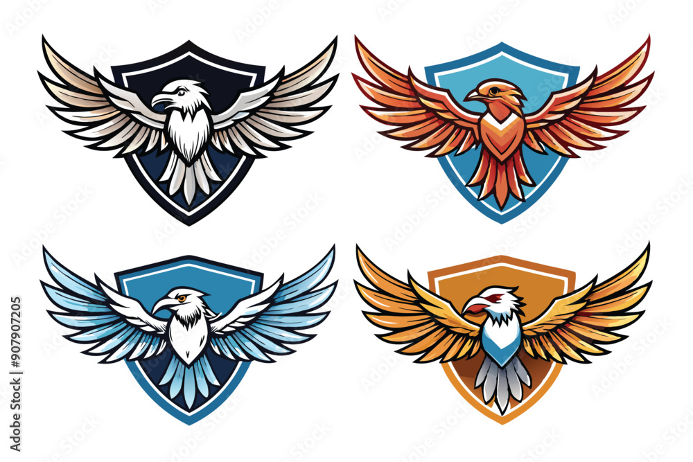 Fototapeta premium Four Colorful Eagle Mascots with Spread Wings and Shields