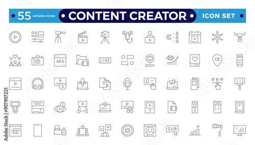 Content creator icon set. Modern thin-line style of love social media-related icons: passion, creator, celebrity, and more. Pictograms and infographics for mobile.Editable stroke outline icon. 
