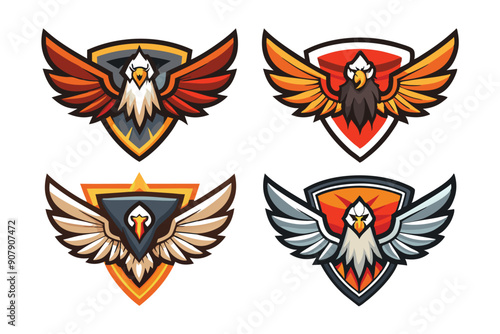 Four Eagle Mascots with Wings Spread and Shielded Backgrounds