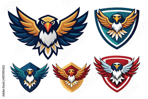 Set of Eagle Mascot Logos with Wings and Shields