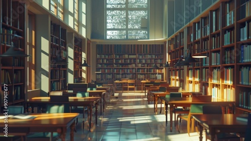 Sunlit Library Interior with Wooden Bookshelves and Study Tables.