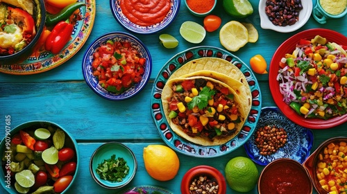 Wallpaper Mural Top view of a colorful Mexican taco spread with fresh ingredients, perfect for a vibrant food display. Torontodigital.ca