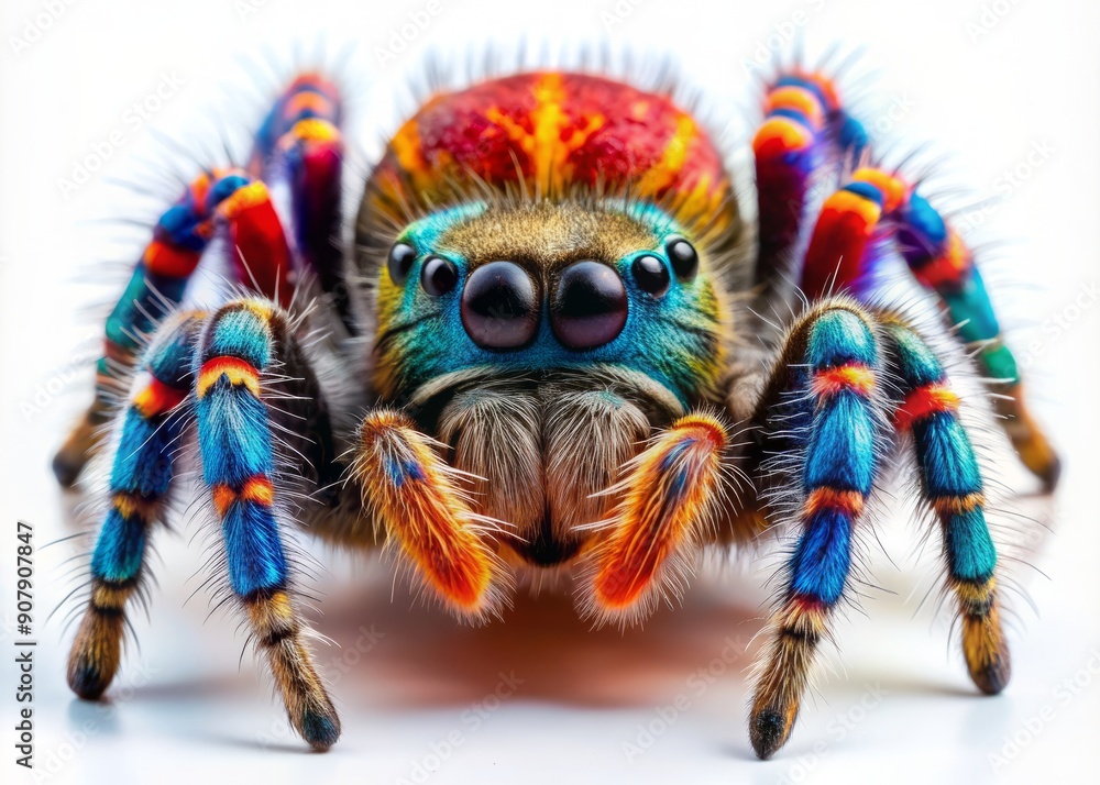 Vibrant colorful Maratus tarantula spider, scary and hairy, poses in a portrait, isolated on white, in a stunning close-up macro, showcasing its intricate arachnid features. Vibrant colorful Maratus tarantula spider, scary and hairy, poses in a portrait, isolated on white, in a stunning close-up macro, showcasing its intricate arachnid features.