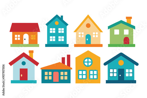 Collection of eight colorful cartoon houses with unique designs