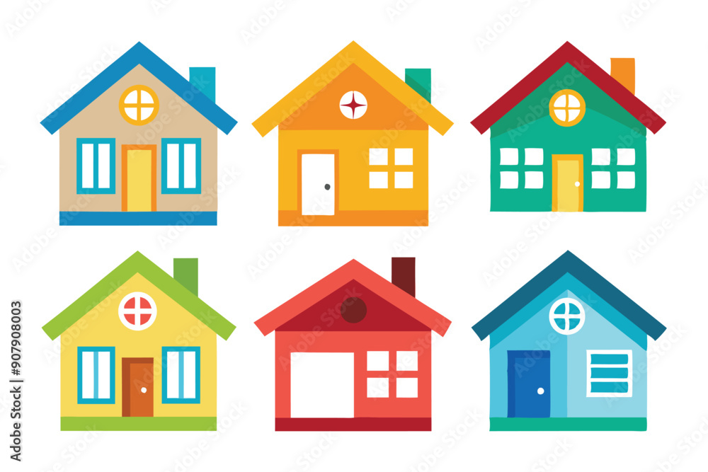 Six Colorful Cartoon Houses with Different Window and Door Styles Six Colorful Cartoon Houses with Different Window and Door Styles