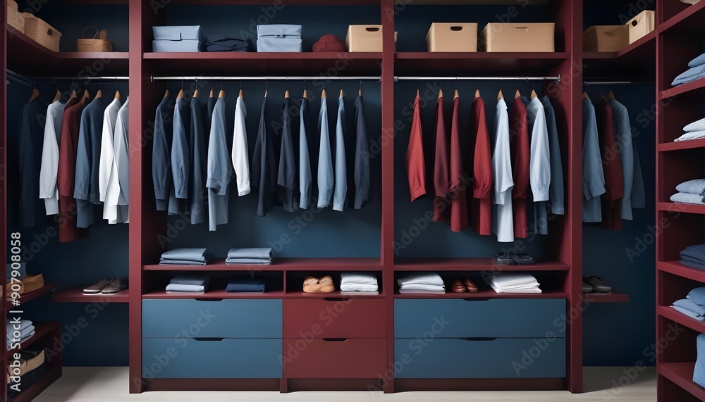 A modern minimalist men's walk-in wardrobe is equipped with clothes hanging on rods, shelves, and drawers, offering ample storage for organizing accessories It exemplifies the interior design A modern minimalist men's walk-in wardrobe is equipped with clothes hanging on rods, shelves, and drawers, offering ample storage for organizing accessories It exemplifies the interior design
