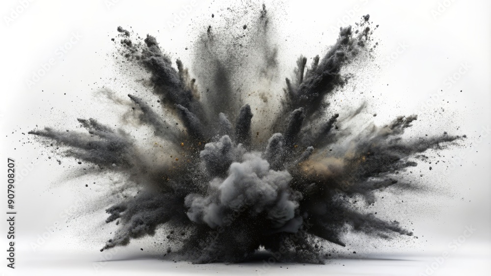 Black charcoal powder explosively bursts into a white background, creating a dynamic, abstract splatter pattern with dark smoke particles and carbon fragments in mid-air. Black charcoal powder explosively bursts into a white background, creating a dynamic, abstract splatter pattern with dark smoke particles and carbon fragments in mid-air.