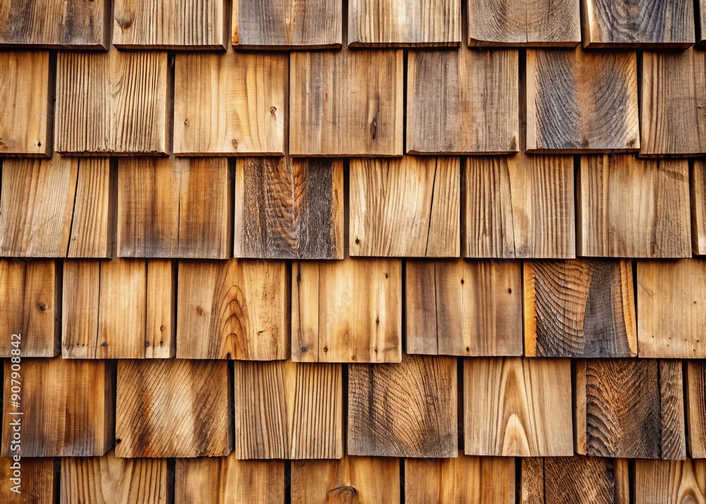 Rough, bumpy, natural cedar shingle siding with a rustic, weathered texture forms a row of wooden material on a small shingle wall facade, showcasing organic beauty.