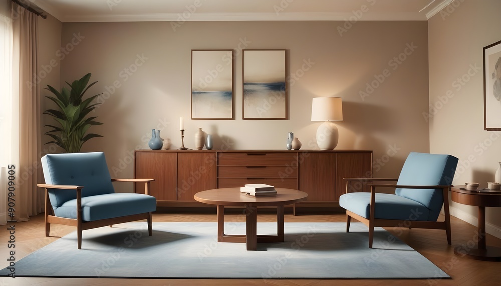 A modern living room interior features a door and armchairs, creating a welcoming and comfortable space A modern living room interior features a door and armchairs, creating a welcoming and comfortable space