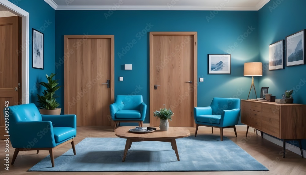 Fototapeta premium A modern living room interior features a door and armchairs, creating a welcoming and comfortable space