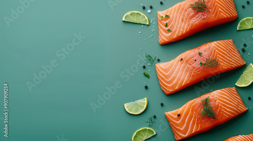 Fresh salmon fillet with herbs and spices on a green textured background. Healthy seafood dishes at copy space
