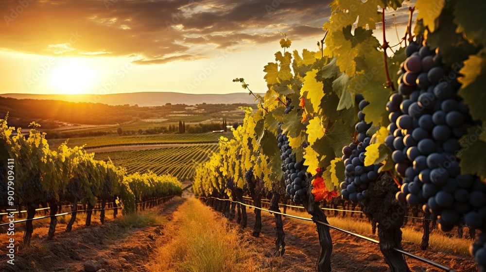Fototapeta premium Scenic view of vineyard rows with ripe grapes at sunset, creating a captivating landscape of viticulture and nature's beauty.