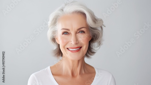 Beautiful senior woman with grey hair and perfect smile looking at camera. Happy elderly lady on white background.