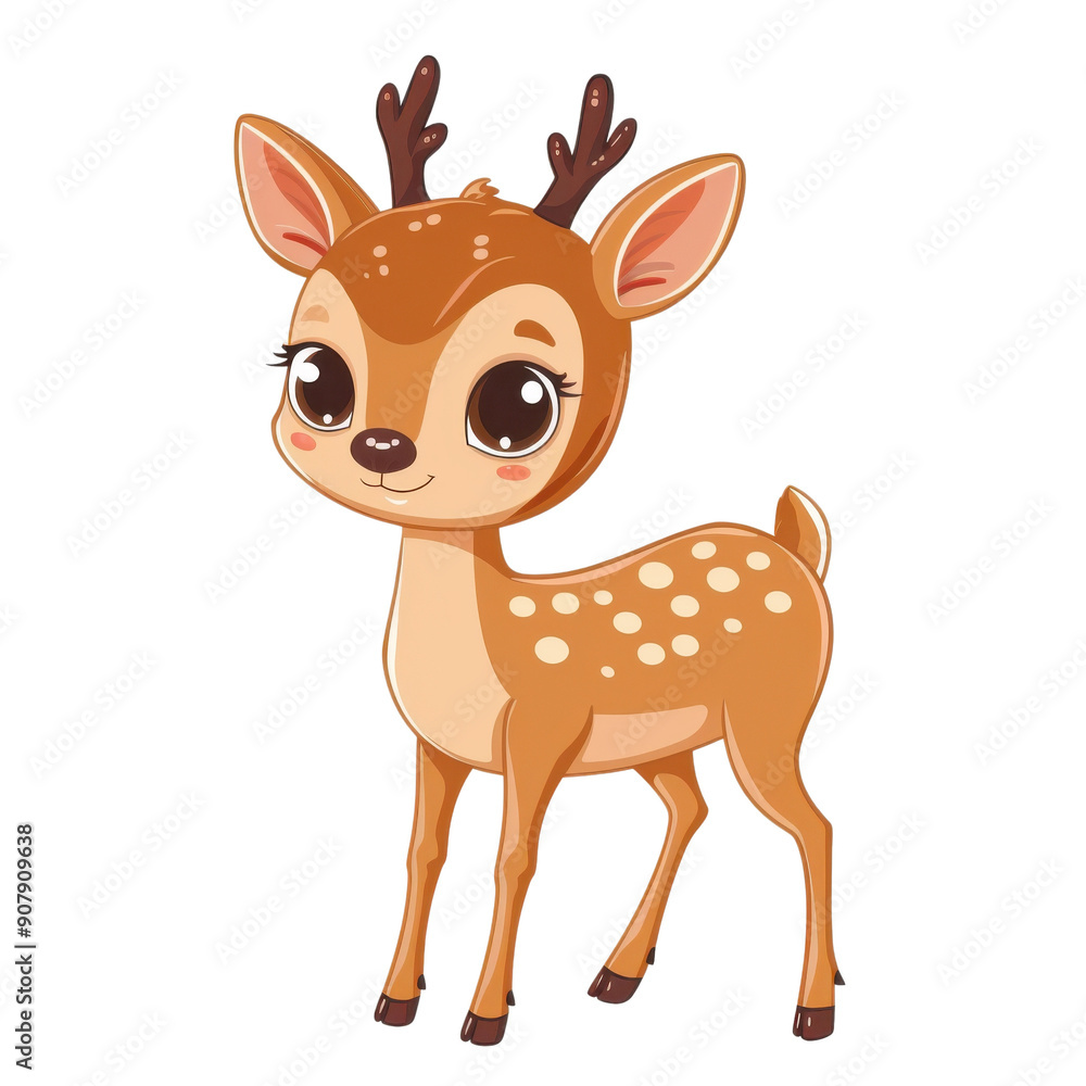 Obraz premium A cute cartoon deer with big eyes and antlers, perfect for children's illustrations or nature-themed designs. Isolated on transparent background.