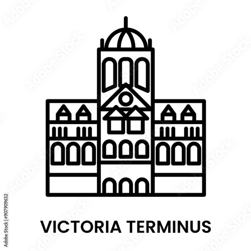Victoria Terminus. Chhatrapati Shivaji Maharaj Terminus, Mumbai, Maharastra, India. Minimalist line art icon, a historical landmark for web, mobile apps and UI.