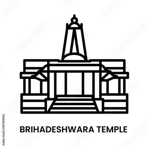 Brihadeshwara Temple, Thanjavur, Tamil Nadu, India. Minimalist line art icon, a historical landmark for web, mobile apps and UI.