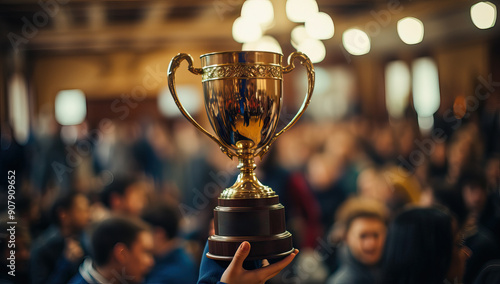 Golden trophy held high in a crowded room, signifying victory, achievement, and recognition at a special event. 