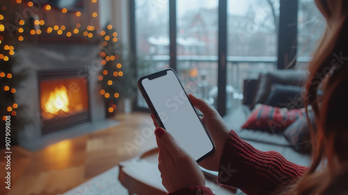 Person holding a smartphone with a blank screen, sitting by a fireplace adorned with Christmas lights in a cozy living room. Winter, relaxation concept. Mockup 