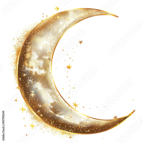 A shimmering golden crescent moon adorned with sparkling stars, perfect for designs related to night and celestial themes. Isolated on transparent background. photo