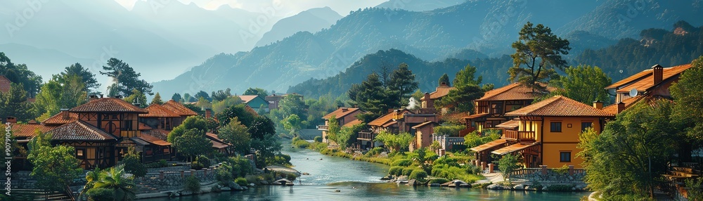 Fototapeta premium Charming village with a flowing river, lush greenery, and mountain views, sunny day