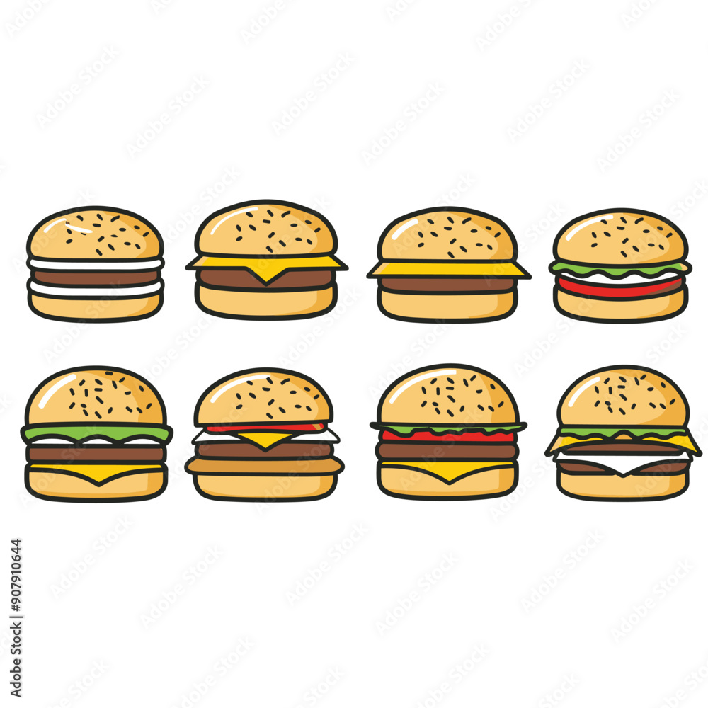 variety cartoonstyle burgers different toppings including lettuce, cheese, tomato, sauce arranged two rows isolated white background, buns sesame seeds, while patties range single double. Simple variety cartoonstyle burgers different toppings including lettuce, cheese, tomato, sauce arranged two rows isolated white background, buns sesame seeds, while patties range single double. Simple
