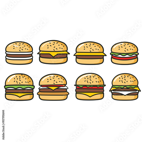 variety cartoonstyle burgers different toppings including lettuce, cheese, tomato, sauce arranged two rows isolated white background, buns sesame seeds, while patties range single double. Simple