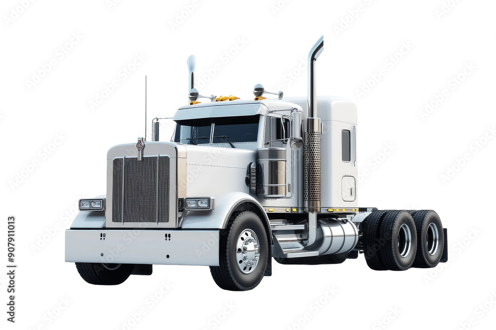 A modern semi truck stands prominently against a plain white background, showcasing its design and readiness for transportation tasks A modern semi truck stands prominently against a plain white background, showcasing its design and readiness for transportation tasks
