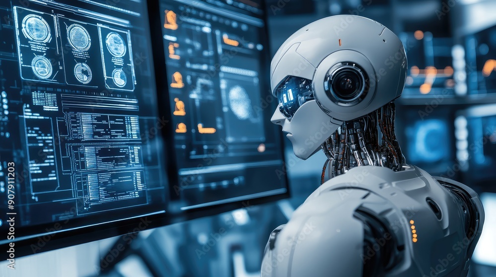 White Ai robot think and looking on monitor working, high-tech artificial intelligence robot concept, Generative Ai White Ai robot think and looking on monitor working, high-tech artificial intelligence robot concept, Generative Ai