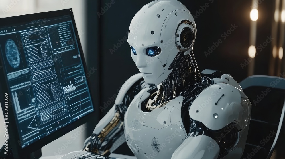 White Ai robot think and looking on monitor working, high-tech artificial intelligence robot concept, Generative Ai White Ai robot think and looking on monitor working, high-tech artificial intelligence robot concept, Generative Ai