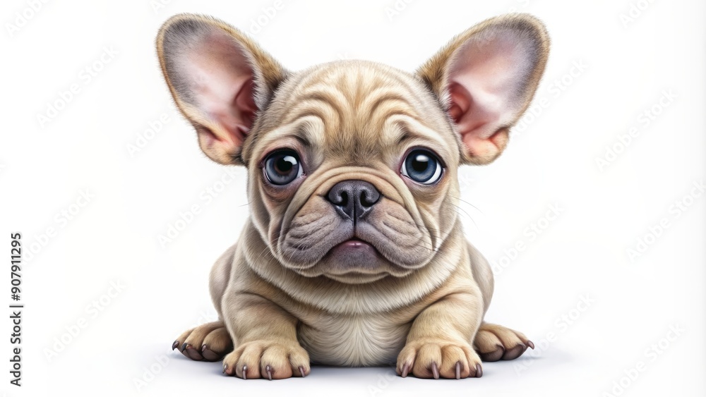 Obraz premium Adorable cartoon French bulldog puppy with big eyes and wrinkled skin sits playfully on a clean white background, showcasing its irresistible cuteness.