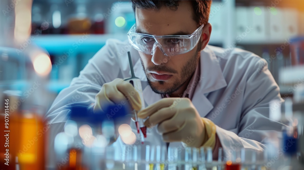 Precision in the Lab: Male Scientist Conducting Cell Sample Analysis with Care. Precision in the Lab: Male Scientist Conducting Cell Sample Analysis with Care.
