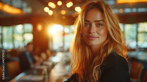 A young woman with long blonde hair sitting in a modern restaurant, illuminated by warm evening lights, creating a cozy atmosphere.